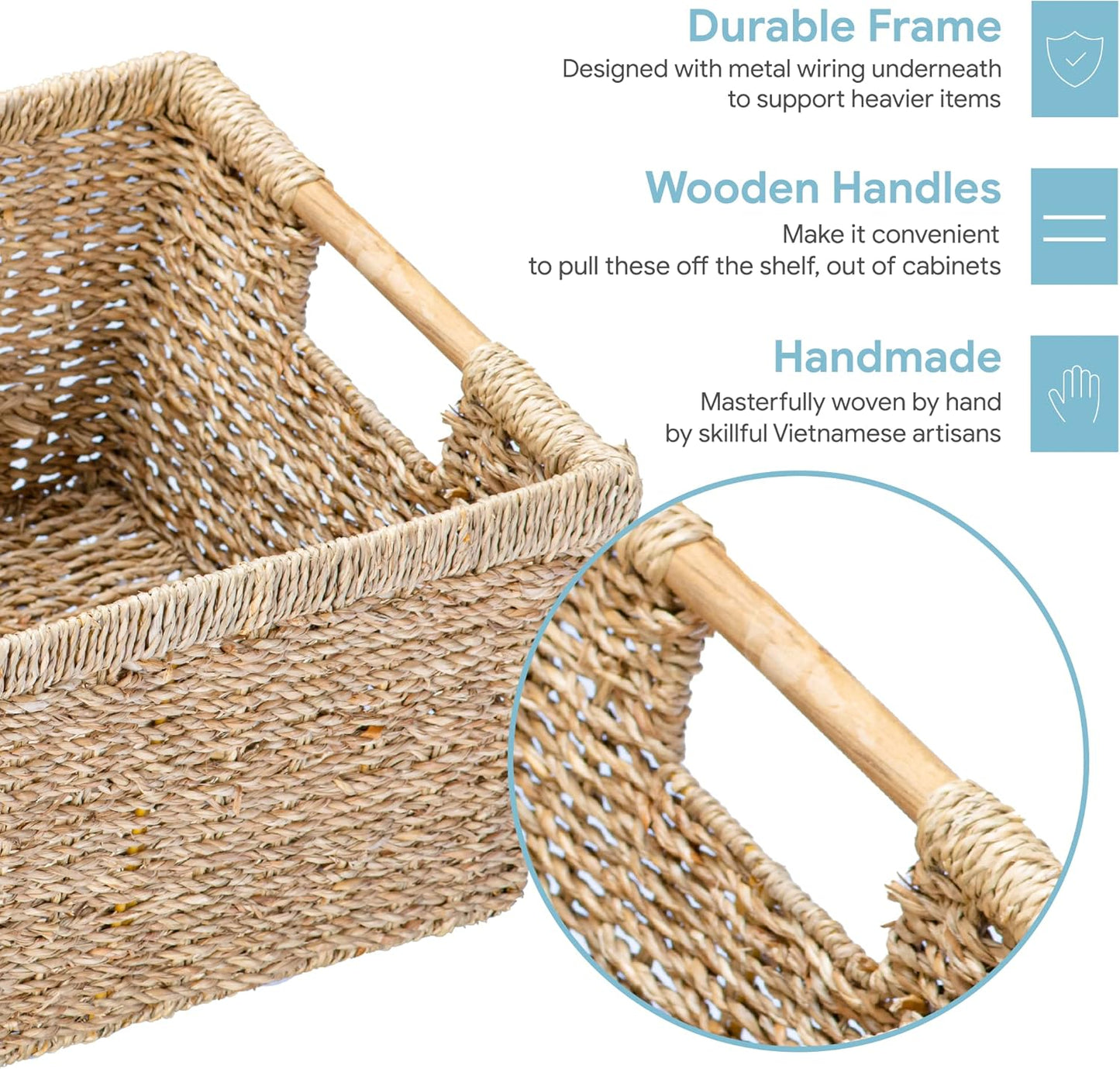 Large Wicker Storage Basket with Wooden Handles, Seagrass Basket for Shelves, Natural Wicker Bin With Handle for Storage 14.5 x 10.3 x 7.5 inches