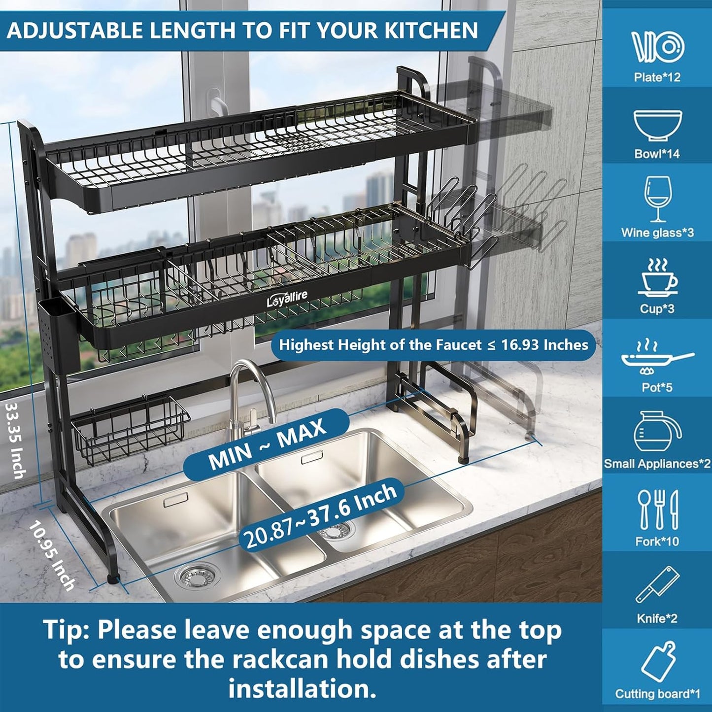 Over Sink Dish Drying Rack, 3 Tier Adjustable Length (20.87'' to 37.6'') Full Stainless Steel Large Storage Kitchen Dish Rack, Expandable Drainer Shelf Rack with Multifunctional Organizers