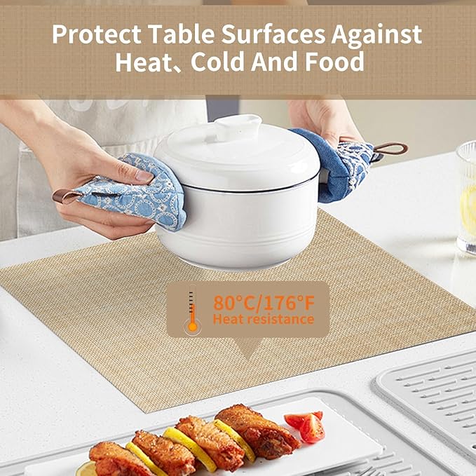 Beige Placemats Set of 8-Durable PVC Vinyl Woven Place Mats for Dining Table Heat Resistant Non-Slip Washable Indoor/Outdoor Table Mats 12 * 17 inch