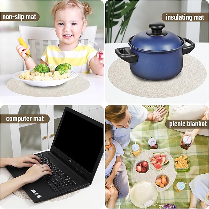 Beige Round Placemats Set of 6 Dual Sided Faux Leather Place Mats Indoor Placemats for Dining Table Outdoor Placemats Waterproofing Non-Slip Washable Table Mats 14 inch