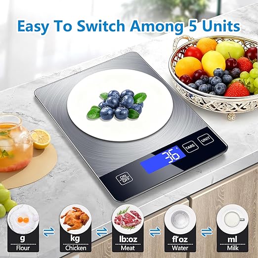 Food Scale, 33lb Digital Kitchen Scale Weight Grams and oz for Cooking Baking, 1g/0.1oz Precise Graduation, Stainless Steel and Tempered Glass