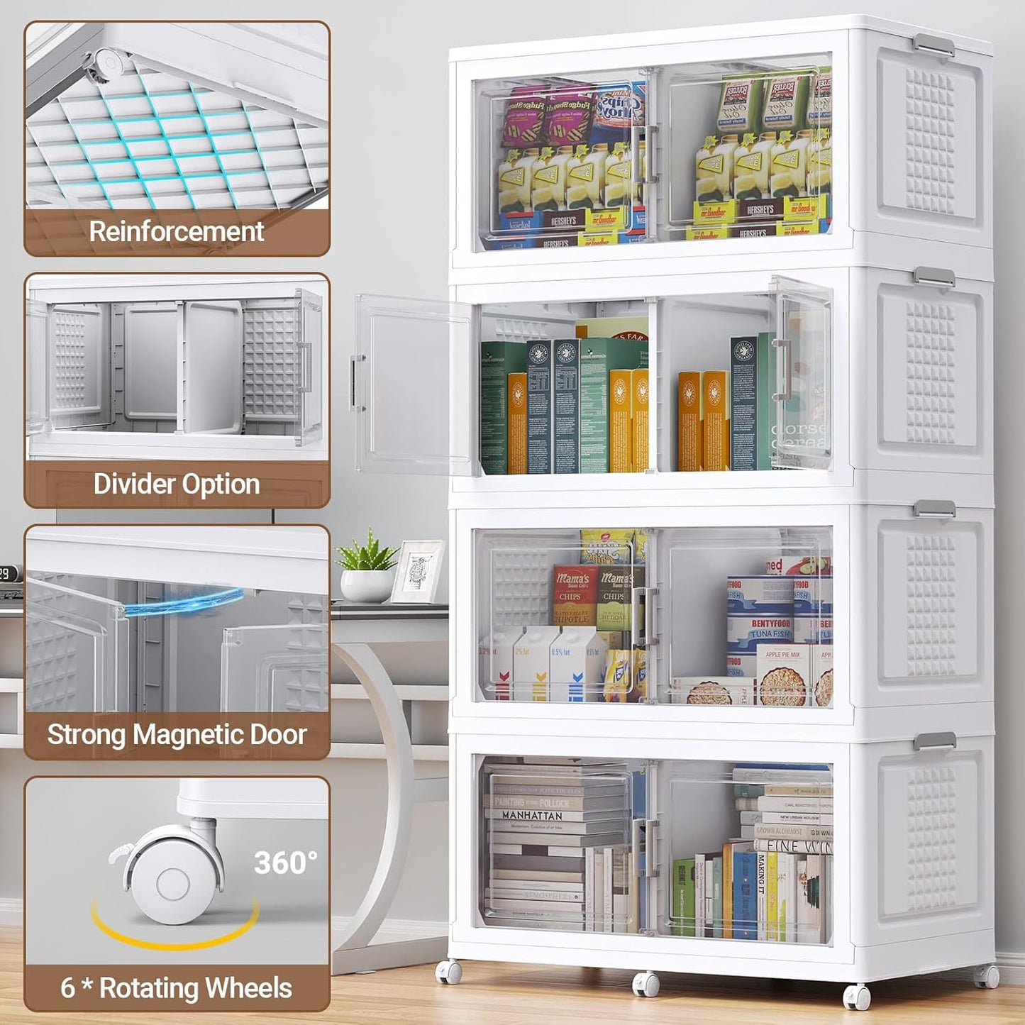 52.7"H 150Gal Plastic Storage Bins with Lid & Wheels,3Pack Extra Large Stackable Storage Bins with Dividers,Closet Organizers and Storage Cabinet Shelves Collapsible Box for Home Kitchen,White