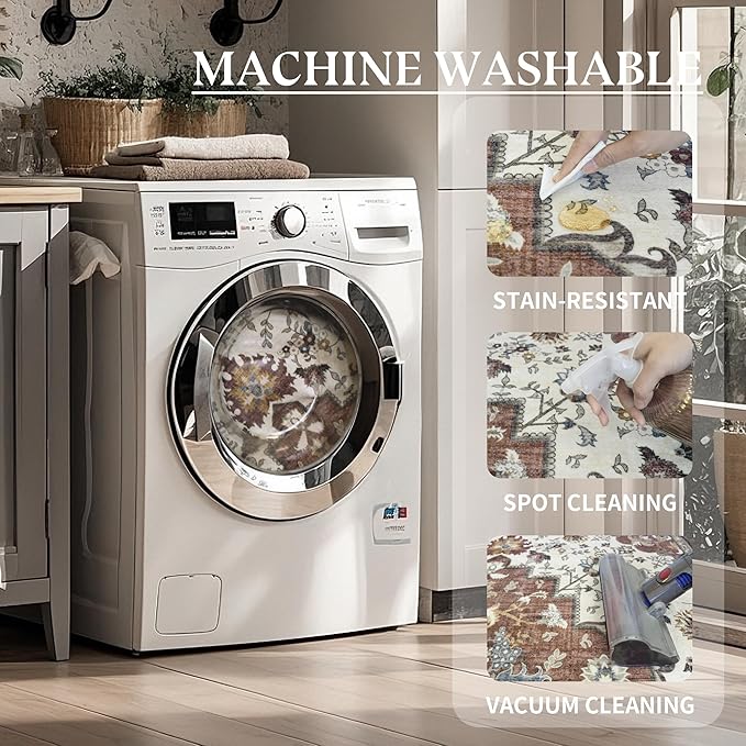 Area Rug for Living Room - Vintage Indoor Machine Washable Rug for Bedroom Dinning Room Floor - Soft Low-Pile Carpet Non-Slip Backing Floral Rugs for Office (Brick/Ivory, 8' × 10')