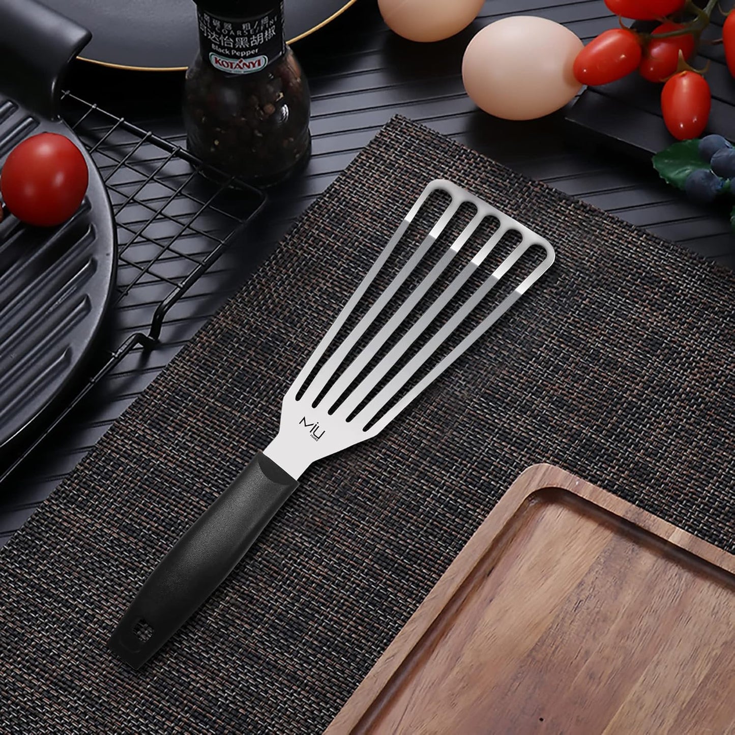 MIU Fish Spatula Stainless Steel, Slotted Flexible Metal, Lightweight Barbecue Turner, 6.5 inch Blade, Plastic Handle with Hole, Grilling Utensils