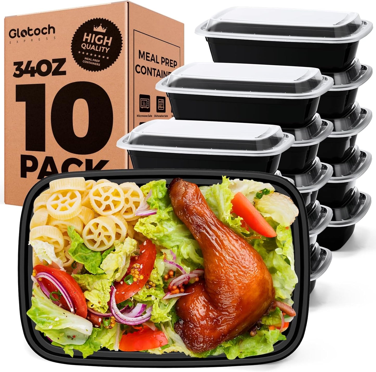 Glotoch 34oz Meal Prep Containers, 10 Pack (20-Piece) Reusable Food Prep Containers with Lids Microwave, Freezer, Dishwasher Safe Leakproof Durable Plastic Food Storage Lunch Box To Go Take Out