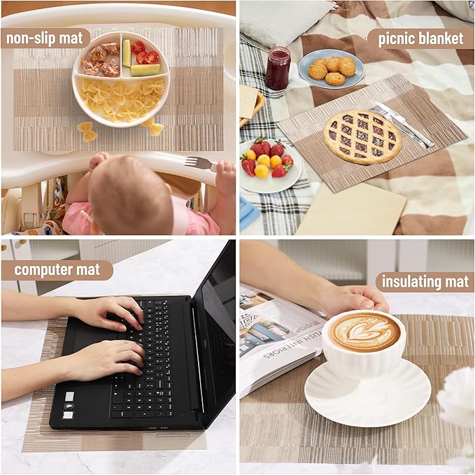 roddyricch Champagne Table mats,Washable placemats,Durable PVC Vinyl Woven Place Mats for Dining Table,Heat Resistant Non-Slip Indoor/Outdoor(6pcs Placemats+1pcs Table Runner)