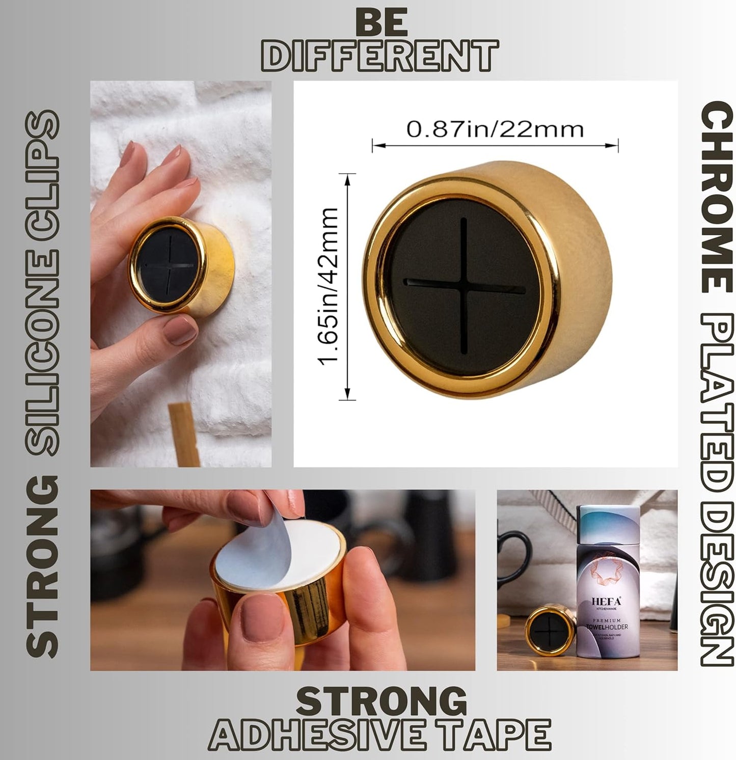 HEFA Modern Kitchen Towel Holder, 4 Pack Golden Yellow Chrome Plated Plastic Towel Hooks with Easy Install, Holds Up to 2 Pounds Each