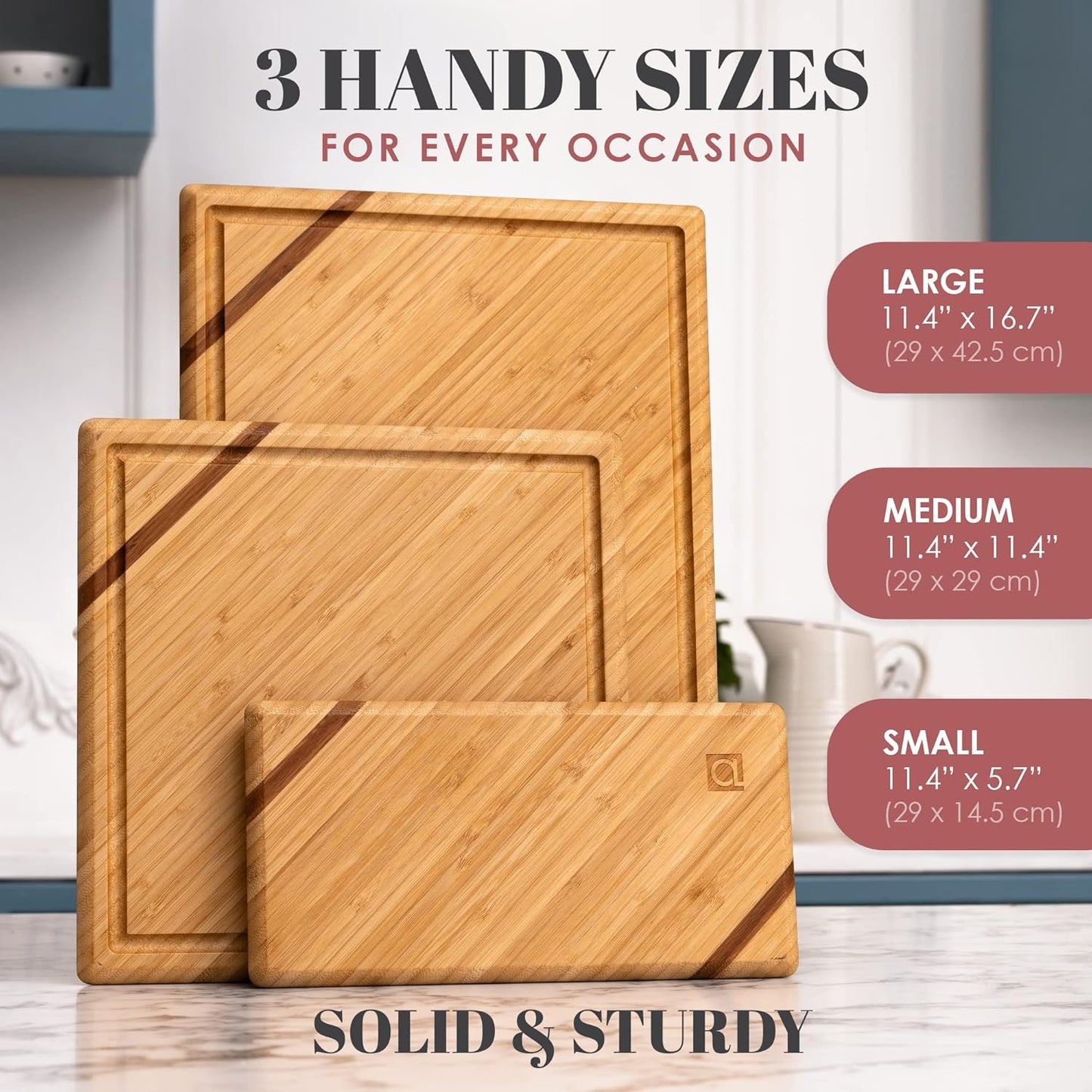 Chorus Bamboo Cutting Board Set with Juice Groove (Set of 3) - Luxury Organic Wood Chopping Board for Kitchen, Wooden Cutting Board for Meat (Butcher Block), Vegetables, Cheese