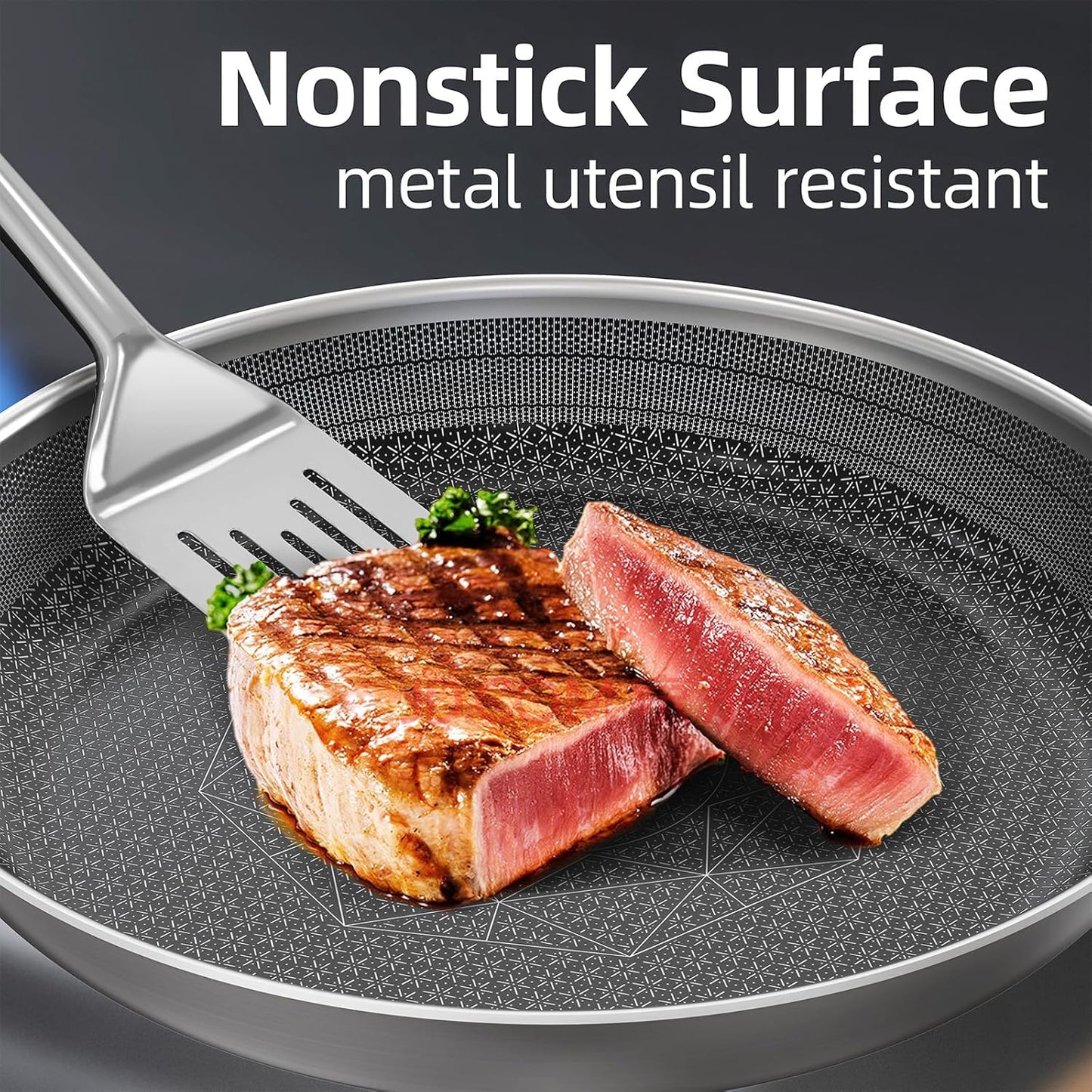 COOKER KING Non-toxic Frying Pans Set of 3 (8+10+12 Inch), Tri Ply Stainless Steel Pans, Induction Pan Set, Chef's Pan, Skillets Dishwasher & Oven Safe, Stay-Cool Handles, Compatible with All Cooktops