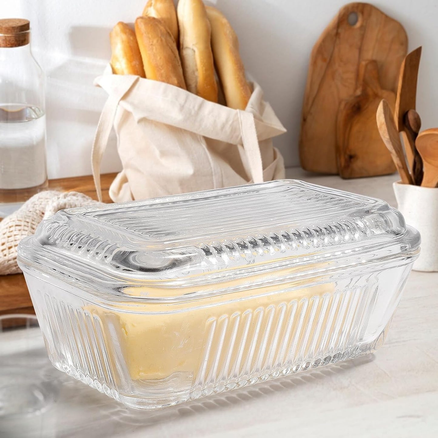 Wide Glass Butter Dish with Two Stick Butter for Countertop,Crystal Butter Container with Cover for Counter,Butter Tray Holder for Refrigerator,Large Glass Butter Keeper