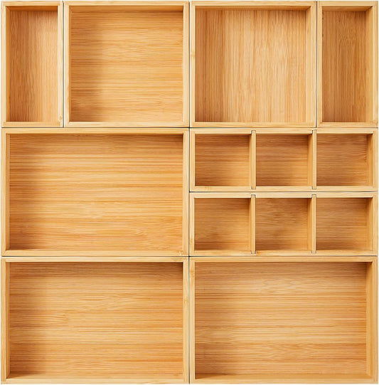 Fabsome Drawer Organizer, Set of 9 Bamboo Wood Kitchen Makeup Desk Junk Tea Drawer Storage Boxes Bins for Cutlery Silverware Utensils Flatware, Small Wooden Container Tray for Bathroom, Office