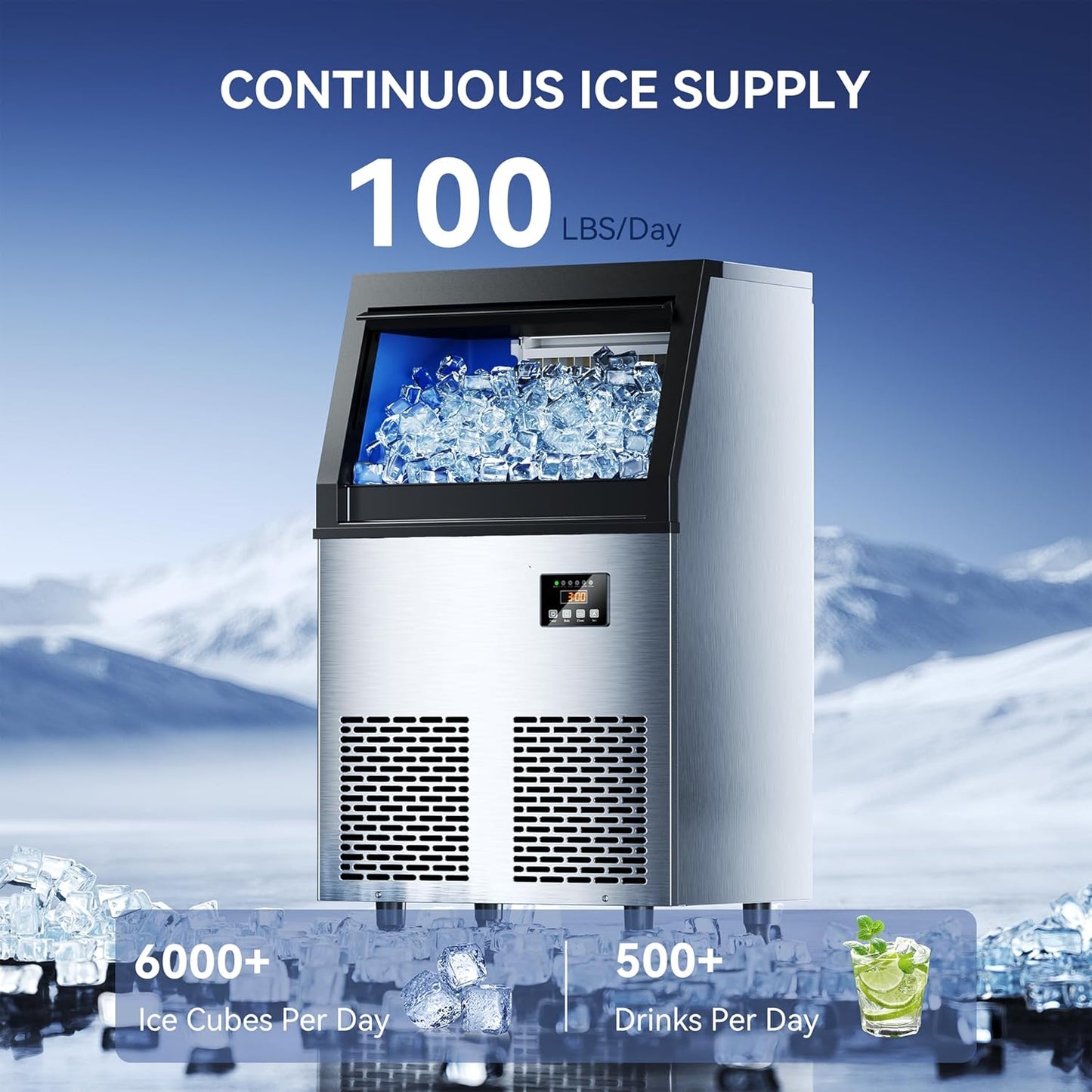 Commercial Ice Maker Machine, 100lbs/24H Ice Machine, 34lbs Storage, 45 Ice Cubes Ready in 6-15 Minutes, Freestanding Ice Maker for Bar, Home, Office, Restaurant