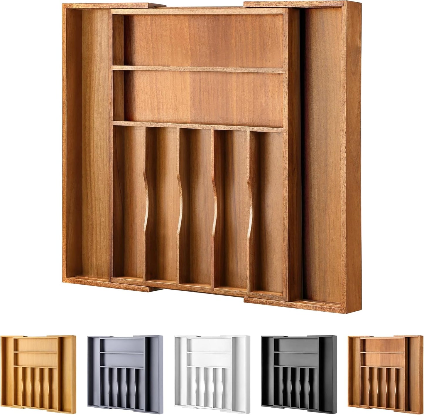 Large Premium Acacia Silverware Organizer - Expandable Drawer Organizer & Utensil Organizer - 17"x19.7" Cutlery Tray with Dividers for Kitchen Utensils and Flatware (7-9 Slots) Acacia