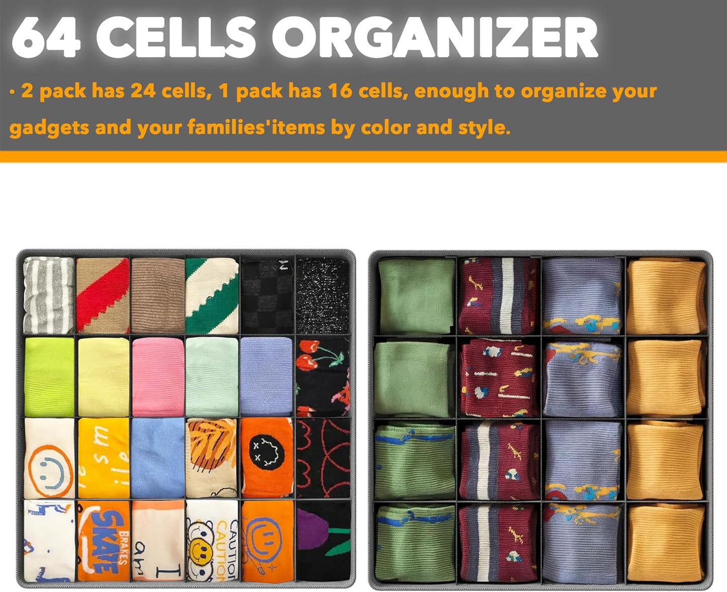 SpaceAid Sock Drawer Organizer Divider 3 Pack, 64 Cell Dresser Closet Nursery Underwear Organizers Storage Bins for Organizing Socks Underwear Ties Belts (Grey)