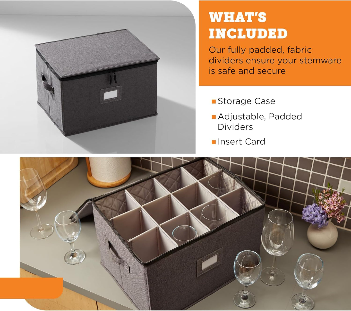 storageLAB Wine Glass Storage Containers, Hard Shell Organizer for Stemware and Glassware Sets, Stackable Wine Glass Storage Box with Dividers for Kitchen and Moving Supplies - 1 Pack, Gray