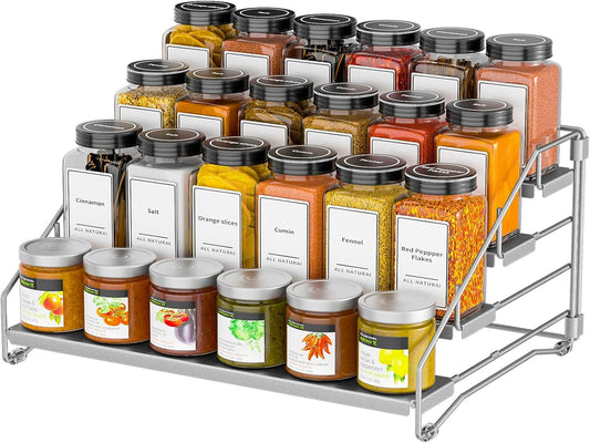 4 Tier Spice Rack for Cabinet, Spice Rack Organizer, Depth Adjustable Spice Organizer for Countertop, Cupboard, Pantry, Seasoning Shelf, Metal, Gray (1 Pack)