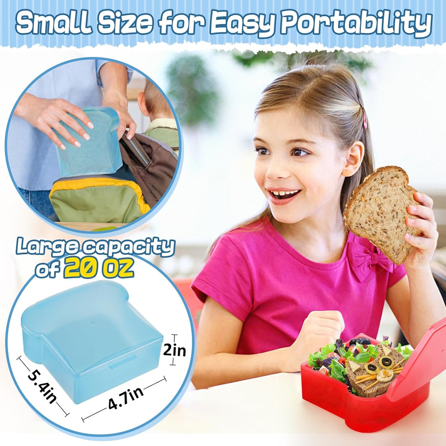 Alphatool 20 Oz Sandwich Containers for Kids - Toast Shape Lunch Box with Lids, Reusable BPA Free Plastic, Microwave & Freezer Safe, Small Food Storage Case for Kids Adults Snack Meal Prep (2 PCS)