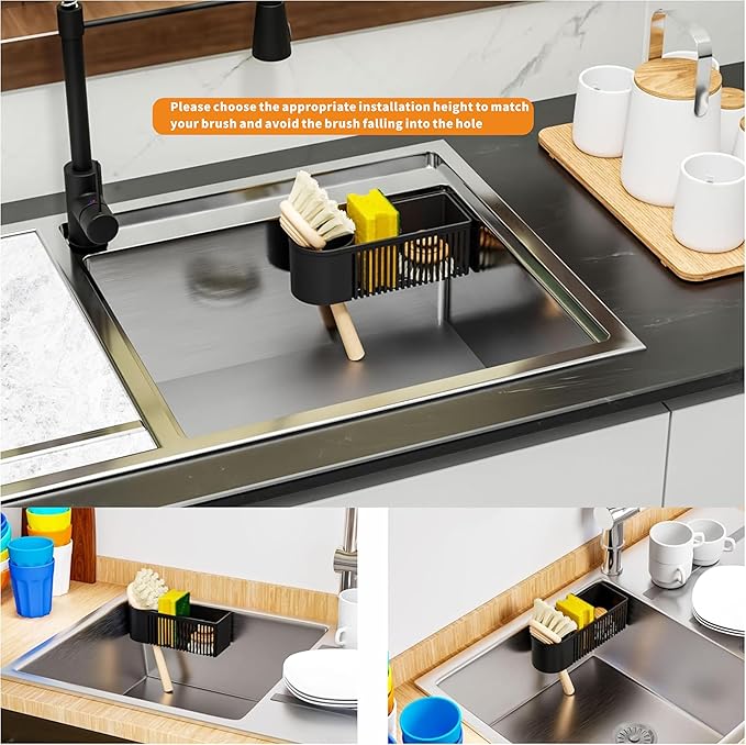 2-in-1 Dish Wand Holder & Sponge Holder for Kitchen Sink Hanging,With Adhesive,Rust Proof Scrub Brush,Scrubber,Dish Sponge,Spinge Holder,In Sink Organizer & Basket Accessories & Essentials,Plastic