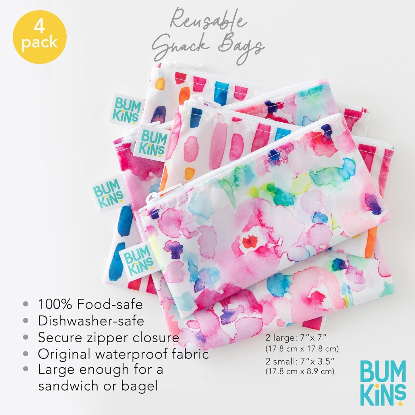 Bumkins - Cloth Snack & Sandwich Bags - For Storage, Travel, Food Prep, Lunch - Reusable, Water Resistant, Dishwasher Safe - Snack Bags for Kids - Zipper Closure - Watercolors & Brushstrokes - 4 Pack