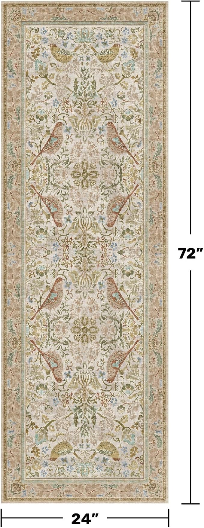 Boho Long Bathroom Runner Rug 2x6 - Floral & Bird Runner Rug for Kitchen Floor, Hallway, Laundry Room, Bedroom, Entrance, Beige Neutral Vintage Decor, Washable Non Slip Low Pile