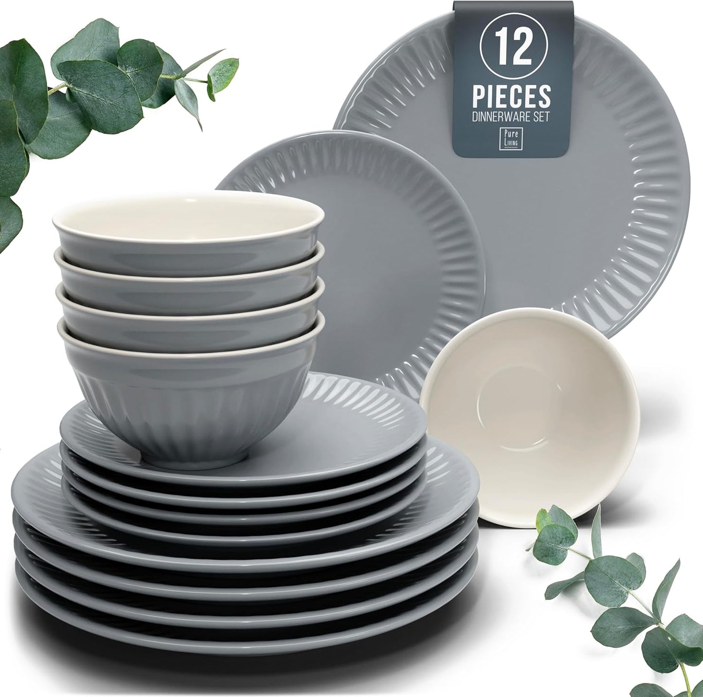 Stoneware Dinnerware Set for 4 People HYGGE 12-Piece - Elegant Scandi Design - Premium Dish Set - Bowl and Plate Set - Tableware for 4 People in a Ribbed Design - Pure Living in Gray-Blue