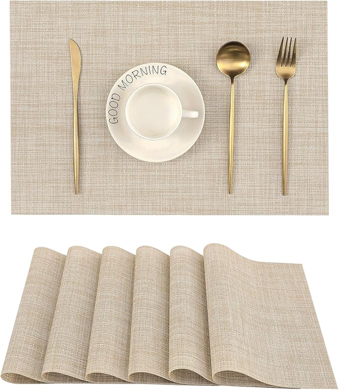 Leetaltree Beige Placemats Set of 6 - Heat Resistant Non-Slip Place mats for Dining Table, Washable Durable PVC Vinyl Woven Table Mats（Beige, 6）