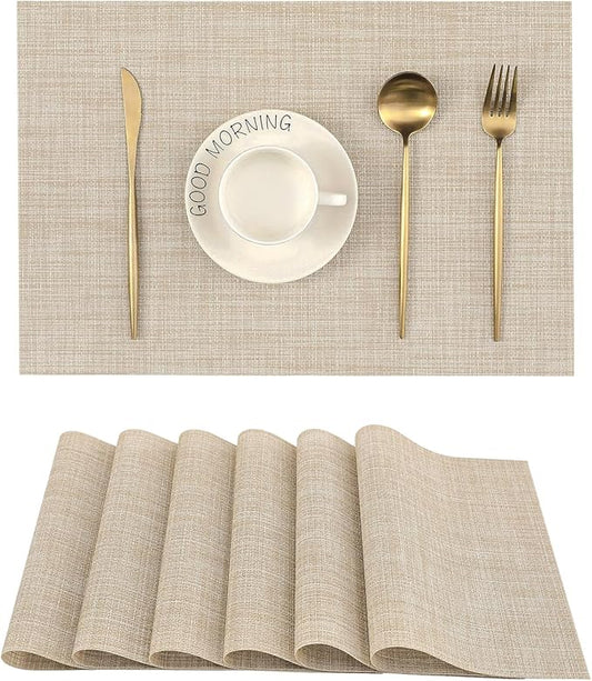Leetaltree Beige Placemats Set of 6 - Heat Resistant Non-Slip Place mats for Dining Table, Washable Durable PVC Vinyl Woven Table Mats（Beige, 6）