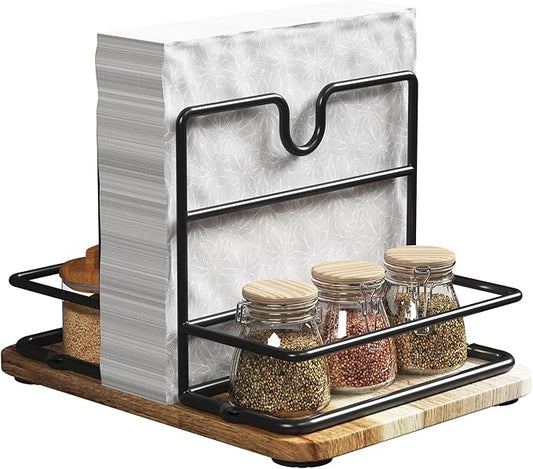 Napkin Holder for Table, 2 IN 1 Napkin Holders That Can Hold Salt Jar and Pepper Jar, Napkin Dispenser, Modern Dining Table Decor, Metal Racks and Wooden Bases, Burlywood