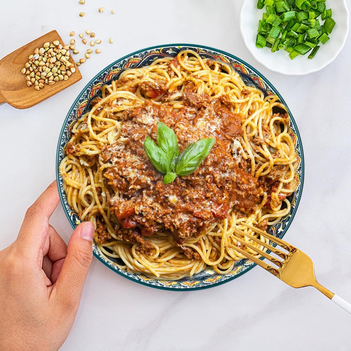 Large Serving Bowls, 75 Oz Fruit Salad Bowls Set of 2, Bohemian Style Large Porcelain Dishes for Entertaining Parties,Big Bowls for Salad, Pasta, Fruit, Chips, 10.3 Inch Diameter (green.green)