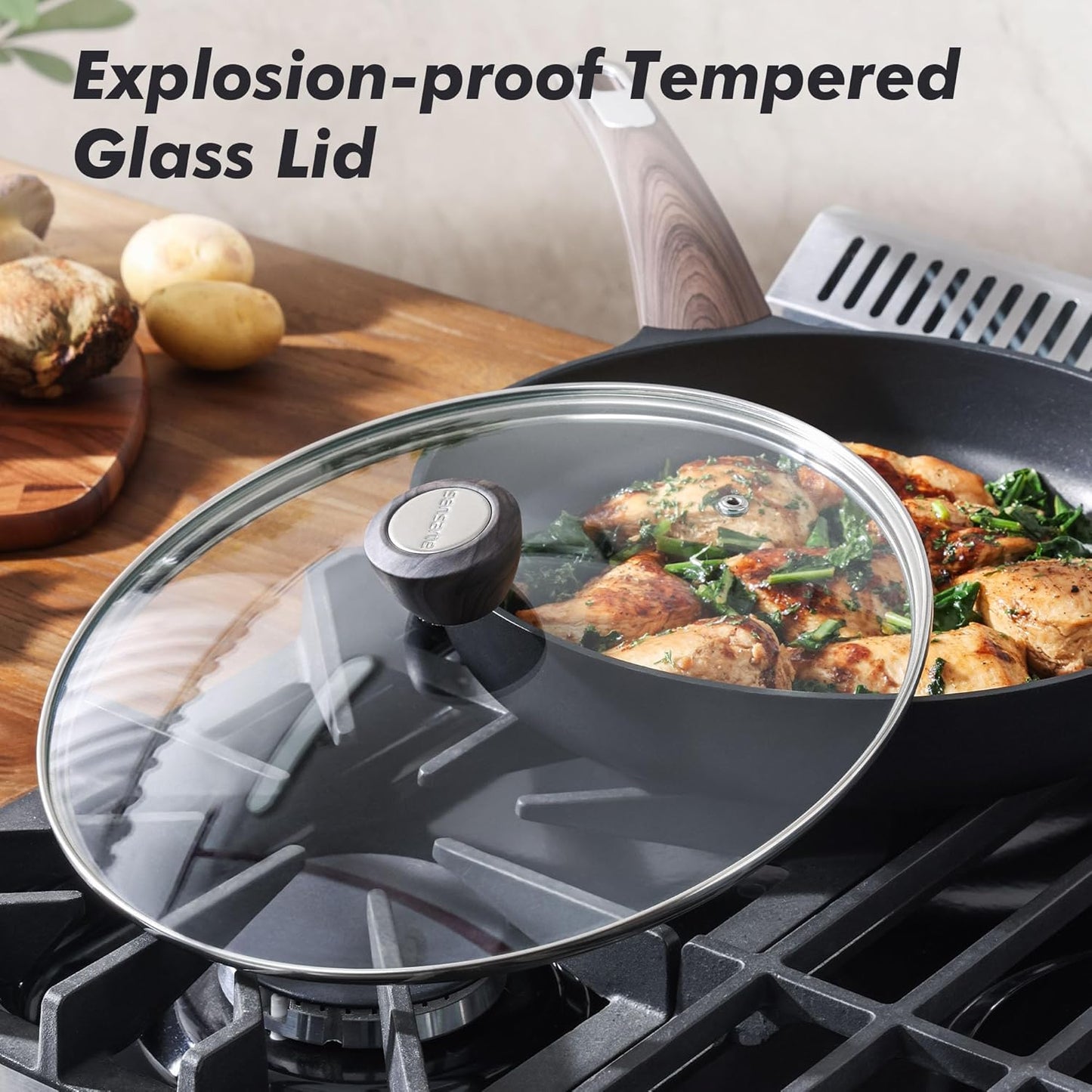 SENSARTE Nonstick Frying Pan Skillet with Lid, 11inch Non Stick Pan Omelette Pans, Healthy Kitchen Cooking Chef's Pan with Cover, Free of Intentionally Added PFOA/PFOS, Induction Compatible, Black