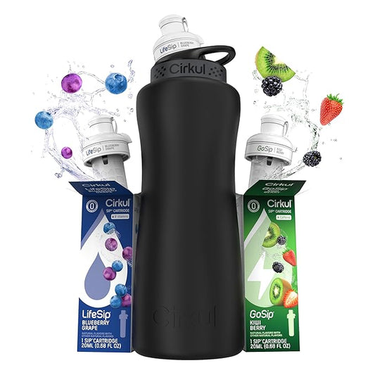 Cirkul 32oz. Matte Black Stainless Steel Water Bottle Starter Kit with Black Lid and 2 Flavor Cartridges (1 LifeSip Blueberry Grape, 1 GoSip Kiwi Berry) No Sugar, Zero Calorie Drink Mix