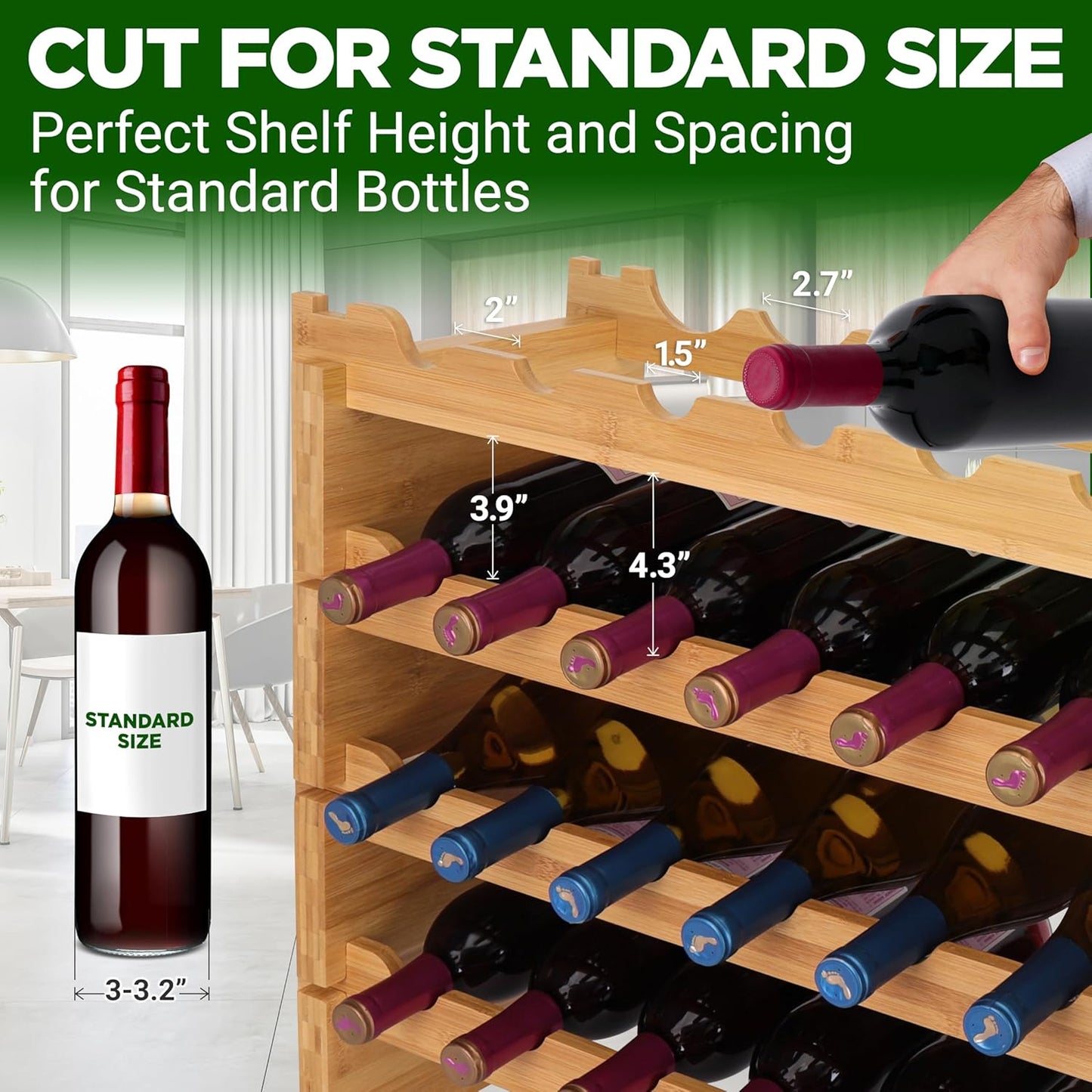 NutriChef Bamboo Stackable Wine Rack, 8-Tier 72 Bottle Capacity Wine Racks Free Standing Floor, No Tools Assembly, Modular Storage Display Shelf for Kitchen and Cellar 33.5" x 10" x 42"