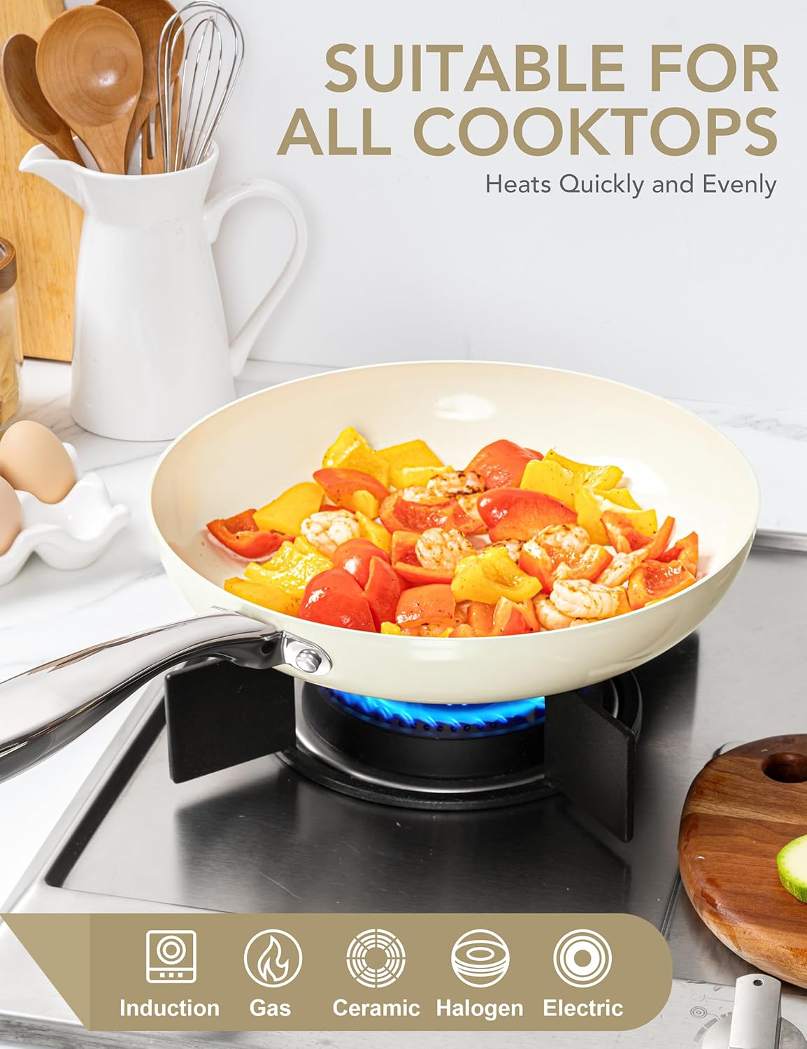 MICHELANGELO 10 Inch Frying Pan with Lid, Nonstick Fry Pan with Ceramic Coated, Induction Compatible Skillet, PFAS & PFOA-Free, White