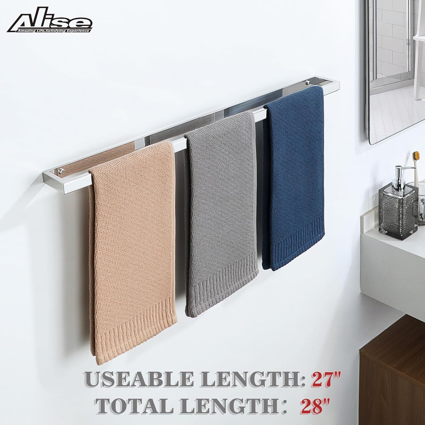 Alise Bath Towel Bar,Wall Mount Towel Holder Towel Rack Towel Hanger for Bathroom Lavatory,28 Inch SUS304 Stainless Steel Towel Rail,Polished Chrome GJF070-C