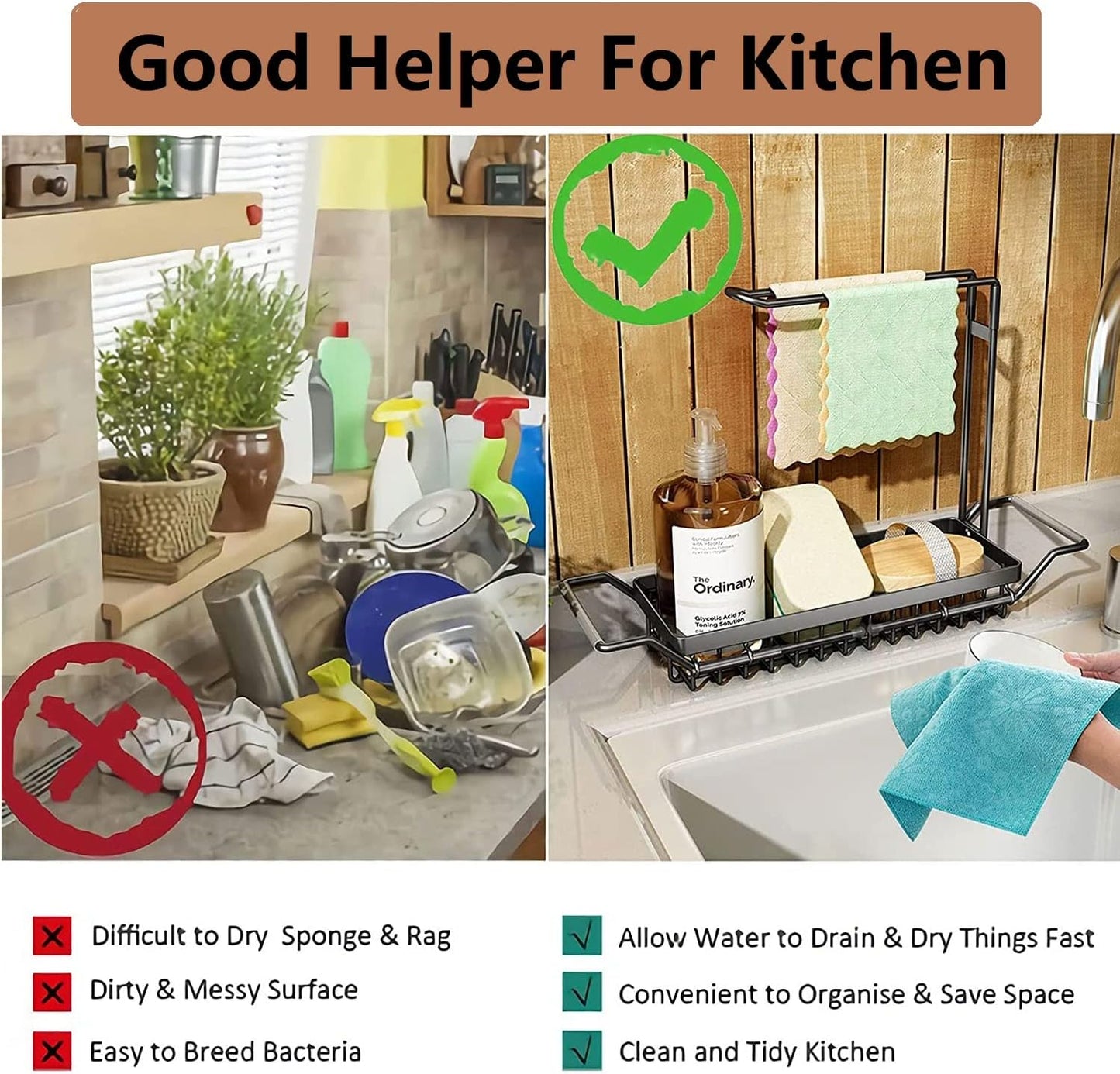 Sponge Holder for Kitchen Sink Caddy, Stainless Steel Telescopic Sink Storage Rack Holder, Expandable (16.7"-21.5") Kitchen Sink Organizer Drying Rack with Soap Dishcloth Towel Holder (Black)