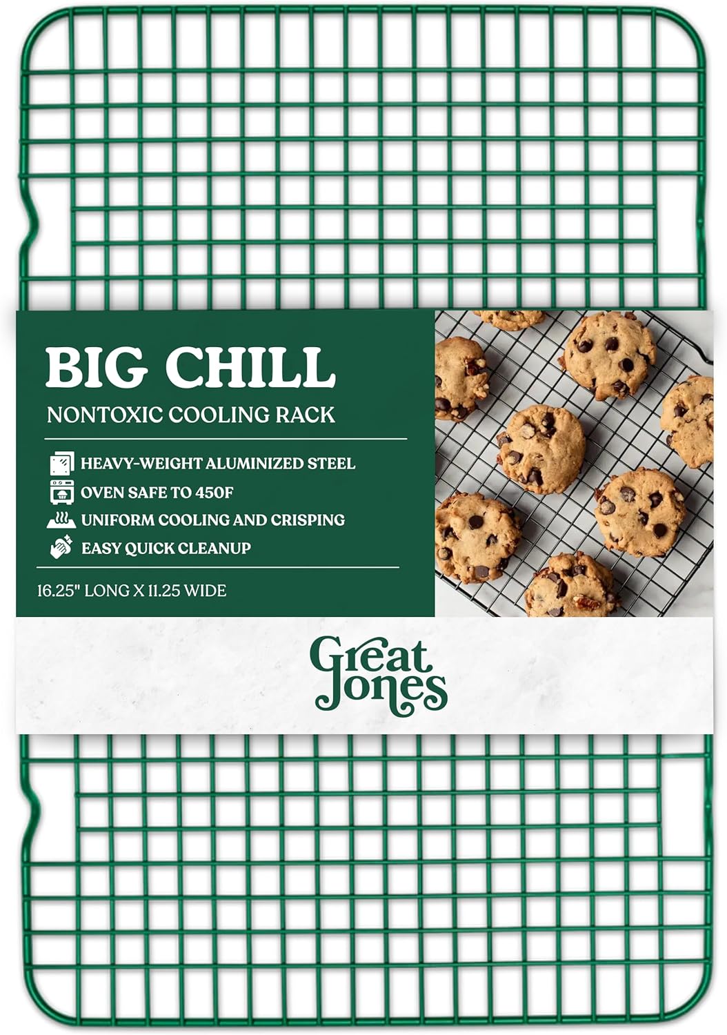 Great Jones Big Chill Wire Cooling Rack (Broccoli) – 16.25" × 11.25" Heavy-Weight Aluminized Steel,Nonstick Baking Rack – Oven Safe 450 °F, Bacon & Cookie Cooling Rack – Fits Half Sheet Pans