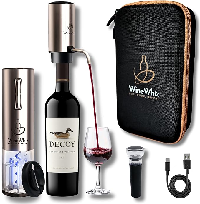 Electric Wine Aerator & Opener Set by WineWhiz with Case and Accessories (Rechargeable Stainless Steel Corkscrew, Dispenser, Foil Cutter Tool, Stopper), Ideal Gift for Housewarming