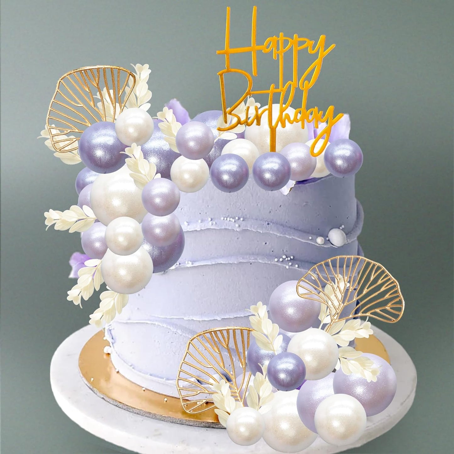 Gyufise 57Pcs Purple Balls Cake Topper Boho Grass Cake topper Pearl Balls Acrylic Happy Birthday Cake Decorations for Wedding Baby Shower Birthday Boho Themed Party Supplies Pearl Purple