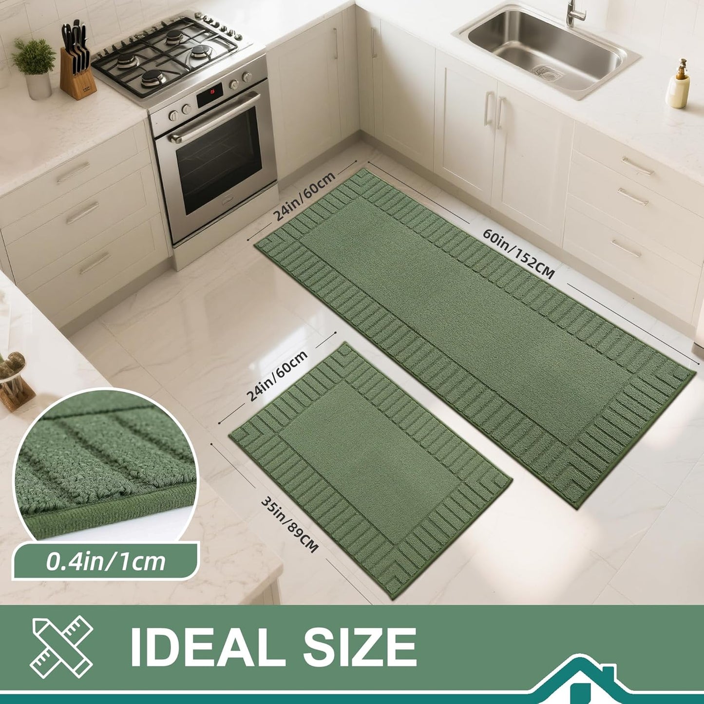 BEQHAUSE-Kitchen-Rugs-Non-Slip-Kitchen-Mats-for-Floor Machine Washable Kitchen Rugs 2 Pieces Kitchen Carpet Runner with TPR Backing,Green,24x35inch/24x60inch
