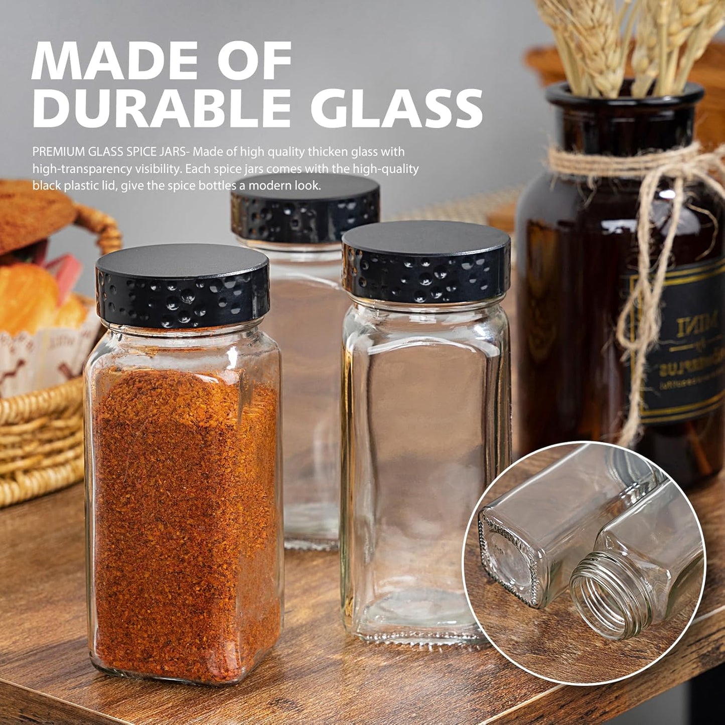 6pcs Black Spice Jars, 4 oz Glass Seasoning Bottles, Spices Container, Empty Spice Jars, Square Spice Bottles with Airtight Plastic Caps with Shaker Lids