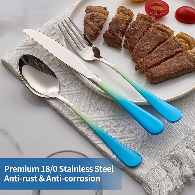 20-Piece Yellow&Blue Silverware Set, 18/0 Stainless Steel Colorful Handle Flatware Set, Service for 4, Modern Cutlery Set Includes Dinner Knives Forks Spoons, Mirror Polished, Dishwasher Safe