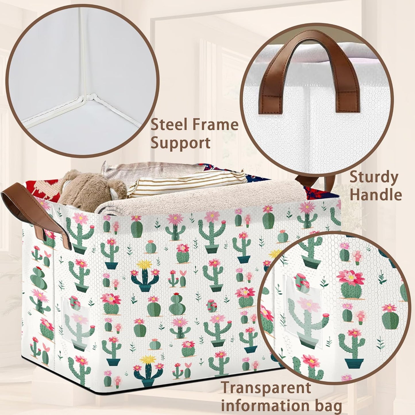Desert Bloom Storage Basket Large 17x11.5x10.5 Inche-Collapsible Fabric Organizer Bin with Handles for Southwest Decor, Nursery, Boho Style-Decorative Hamper with Succulent & Flower-Single Pack