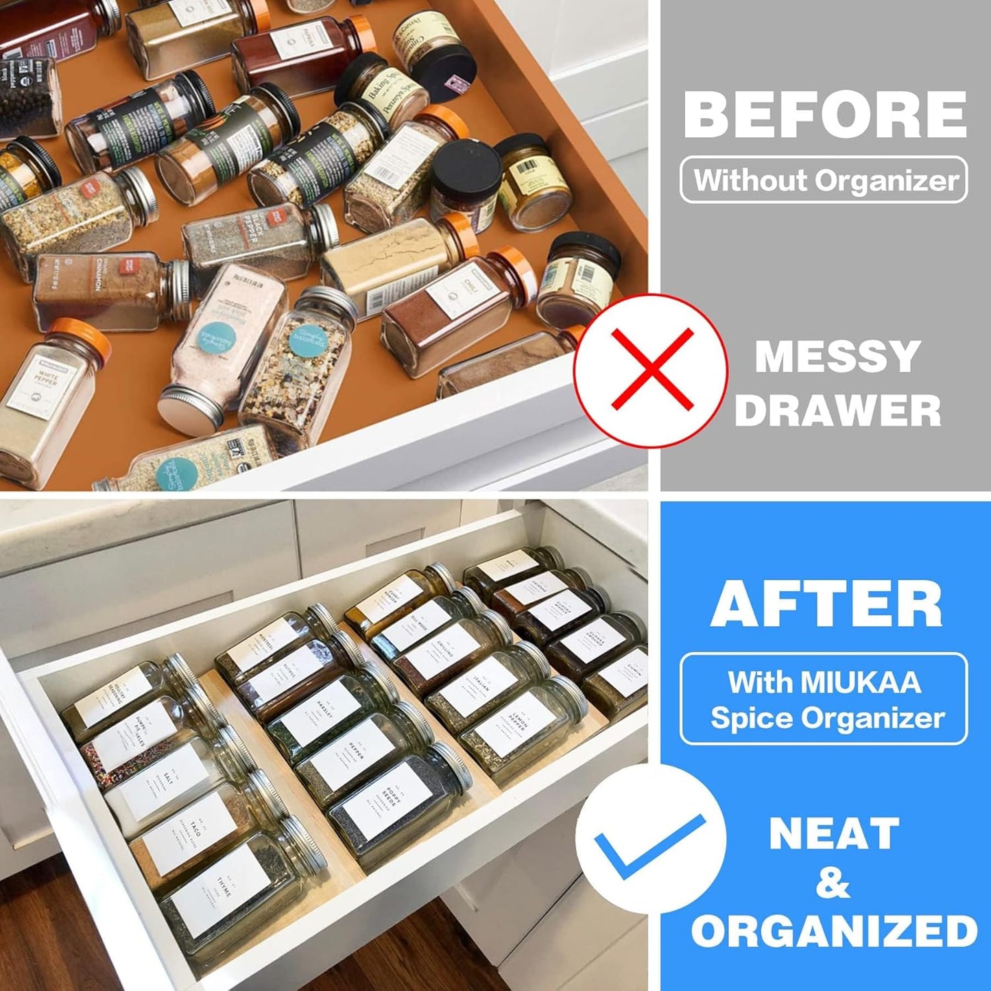MIUKAA Clear Acrylic Spice Drawer Organizer, 4 Tier- 2 Set Expandable From 9" to 18" Seasoning Jars Drawers Insert, Kitchen Spice Rack Tray for Drawer/Countertop (Jars not included)