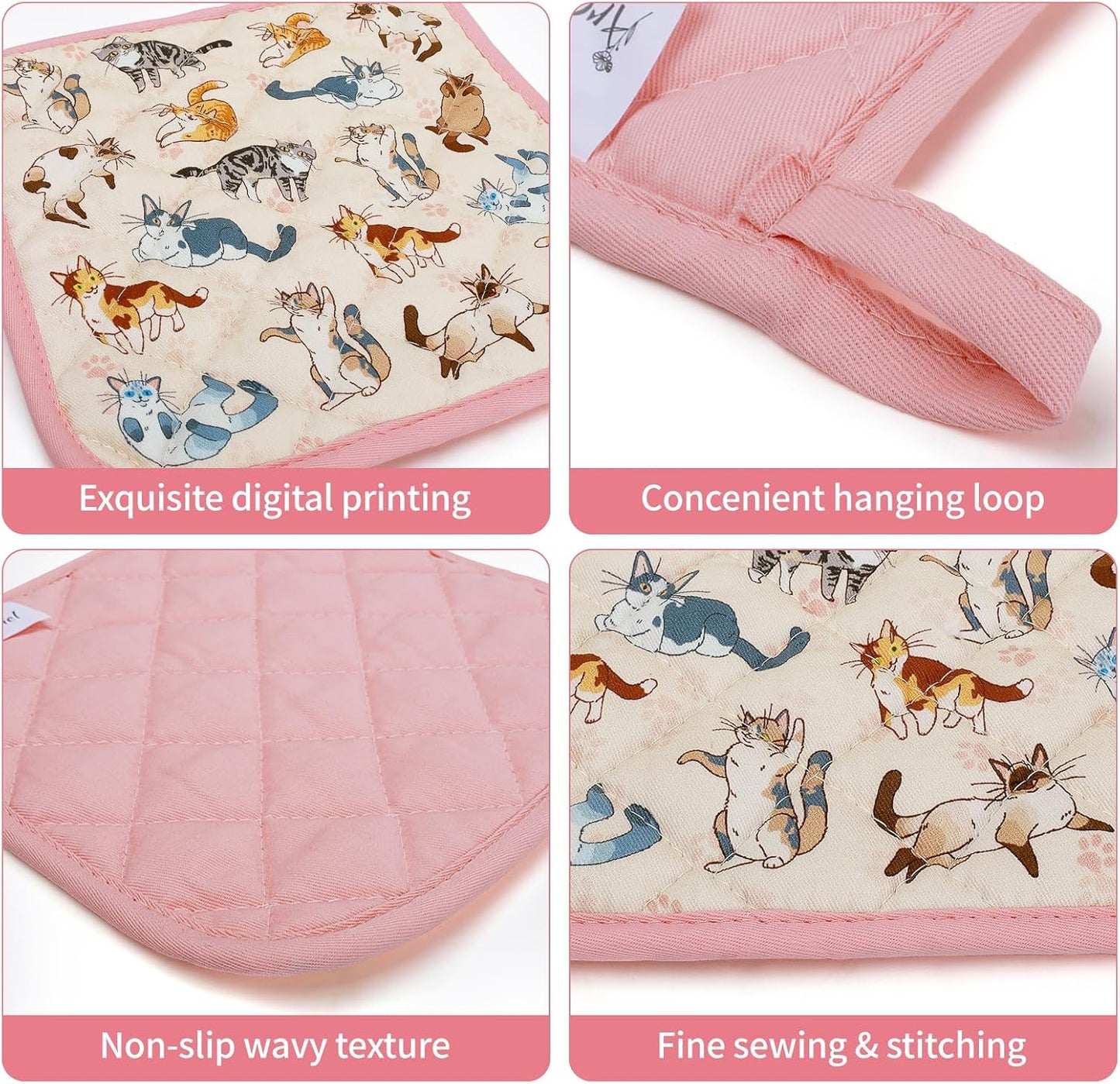 Cat Oven Mitts and Pot Holders Sets 100% Cotton Heat Resistant, Extra Long Oven Gloves Potholder for Kitchen Cooking Baking Housewarming