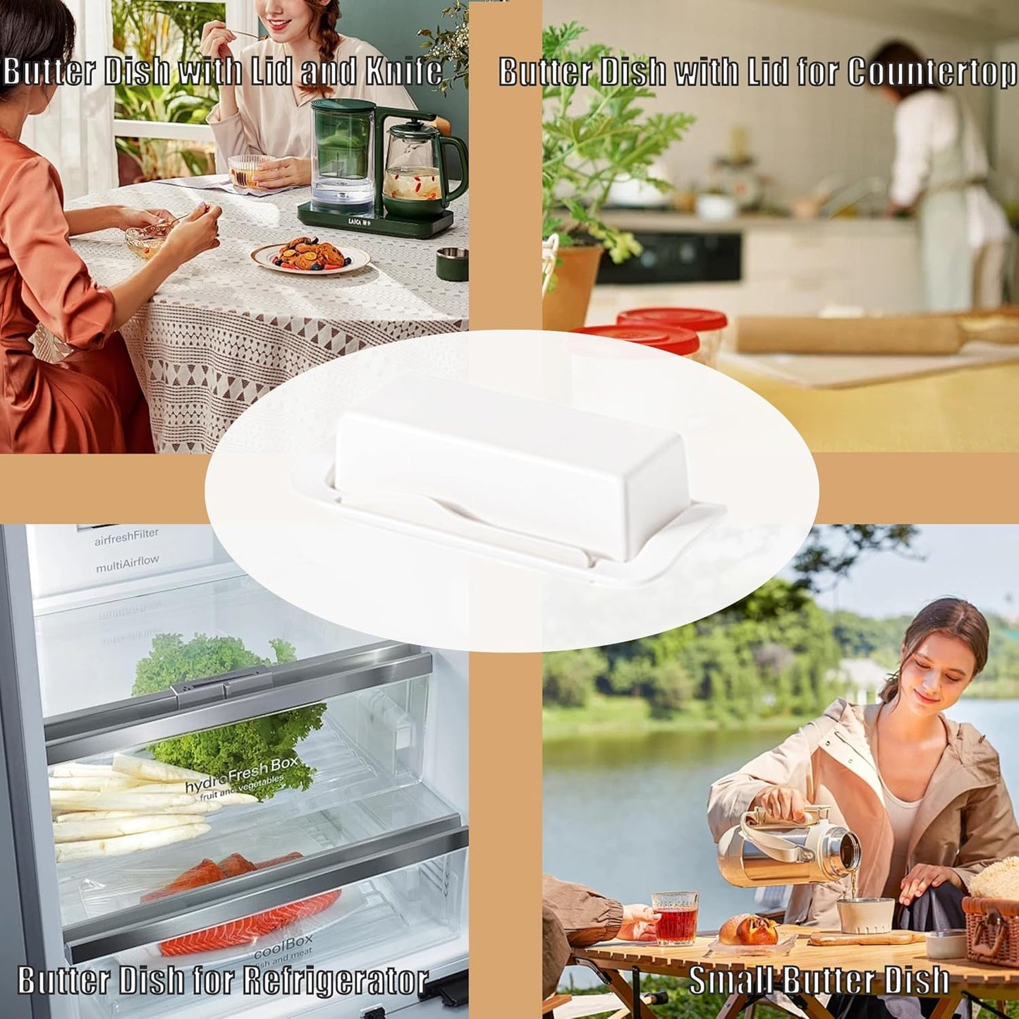 Butter Dish with Lid for Countertop, Butter Dish with Knife, Butter Keeper for Kitchen or Fridge, Bamboo Fiber Butter Tray, Butter Holder for 1 Stick Butter, BPA-free, Dishwasher Safe(White)