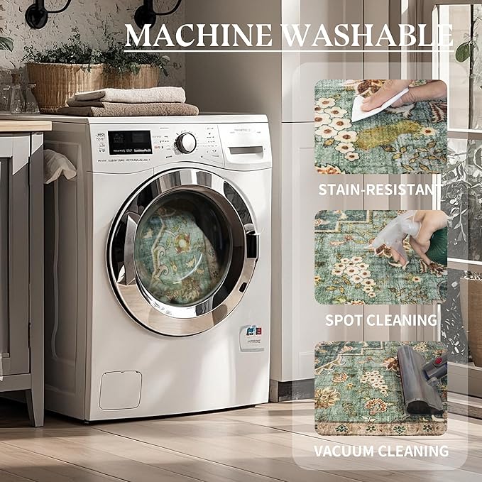 Area Rug for Living Room - Vintage Indoor Machine Washable Rug for Bedroom Dinning Room Floor - Soft Low-Pile Carpet Non-Slip Backing Floral Rugs for Office (Forest Green, 5' × 7')