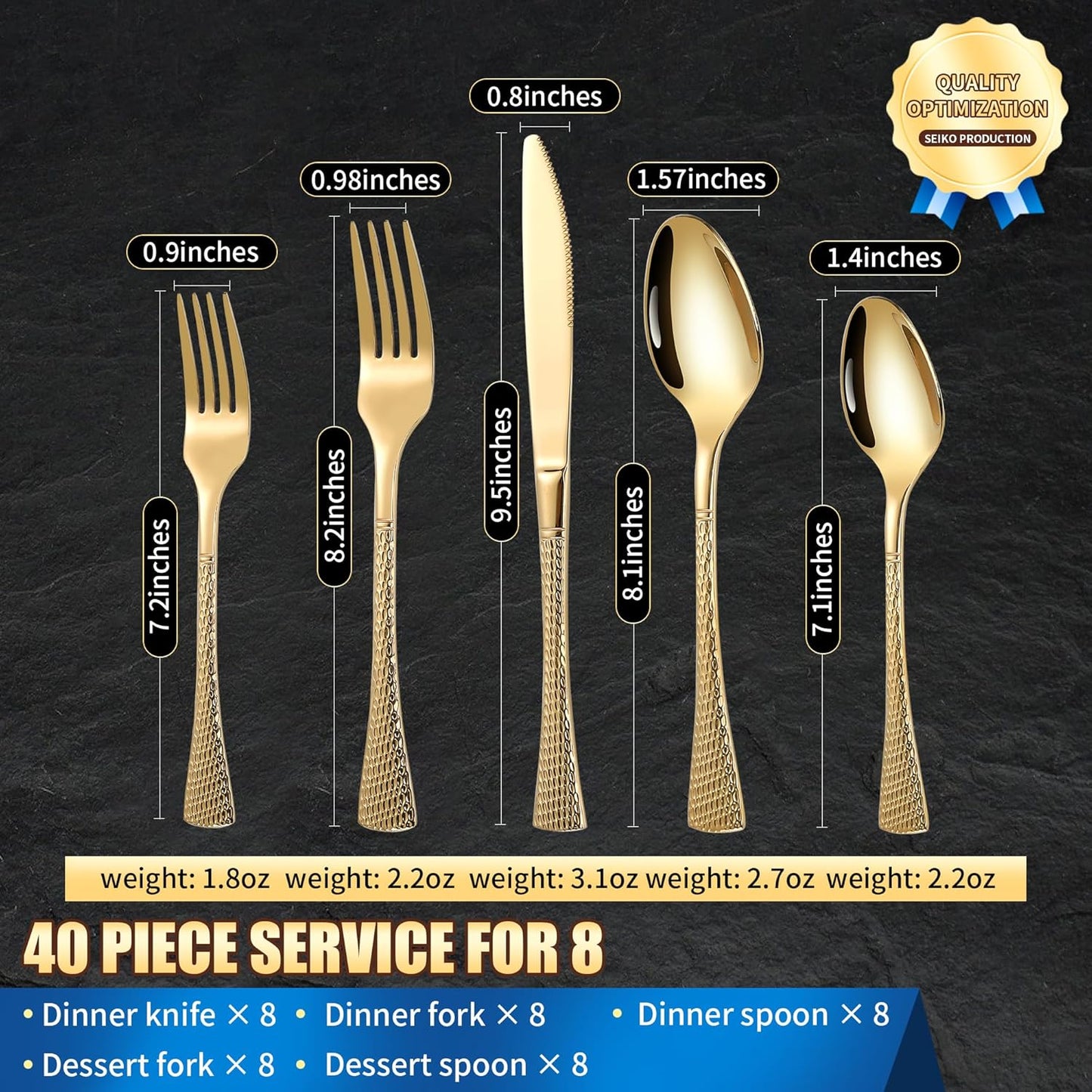 Hammered Gold Silverware Set for 8,Stainless Steel 40-Piece Modern Cutlery Set,Mirror Polished Heavy Duty Flatware Set Utensil Set,Knives Spoons and Forks Set,Dishwasher Safe