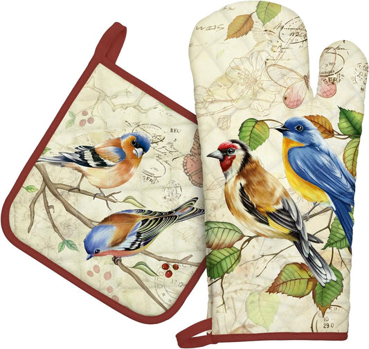 Vintage Bird Oven Mitts and Pot Holders Sets 2Pcs, 100% Cotton Heat Resistant, Extra Long Oven Gloves Potholder for Kitchen Cooking Baking Decoration
