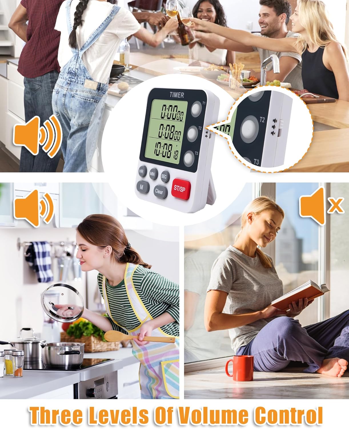 Dual Kitchen Timer Digital - 3 Channel for Cooking with Alarm, Large Display, Magnetic Back, Replaceable 3A Battery, Loud Food Timer, Modern White Design for Multi Timing Needs