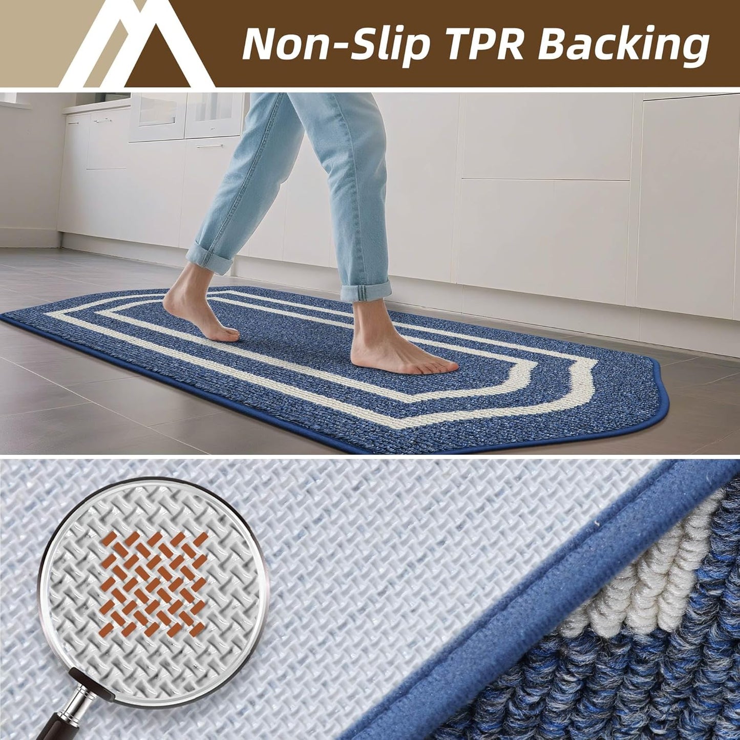 COSY HOMEER Long Kitchen Floor Mats for in Front of Sink Super Absorbent Kitchen Rugs and Mats 24"x48"+24"x59"Non-Skid Kitchen Mat Standing Mat Washable,Polypropylene,Blue,Frame